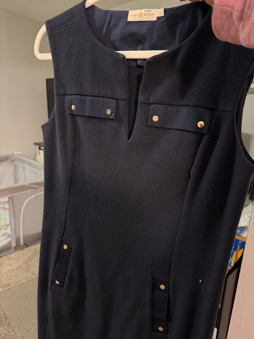 Tory Burch Navy Sleeveless Shift Dress with Gold Buttons - Picture 9 of 9